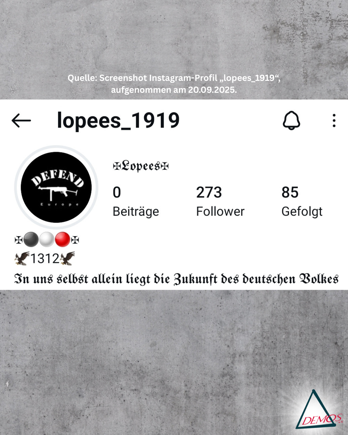 Screenshot Instagram-Profil „lopees_1919“, aufgenommen am 20.09.2025.